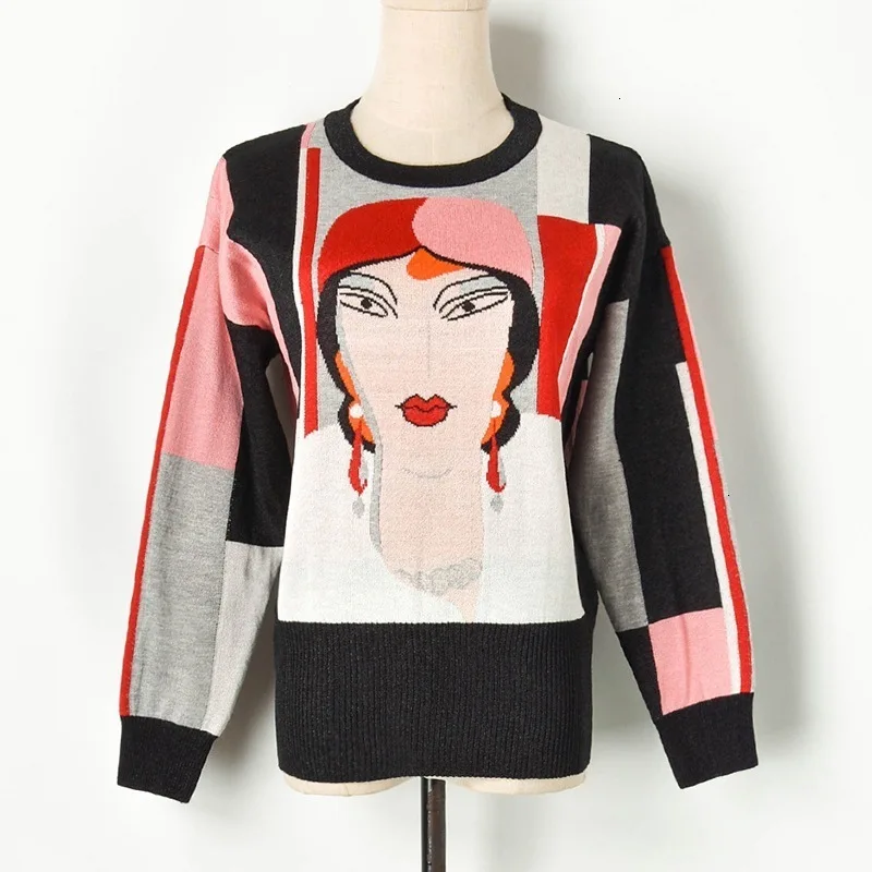 Picture) Pullover Контрастный цвет мультфильм красота портрет жаккардовый свитер женский круглый вырез длинный рукав голова - Цвет: Picture) Pullover