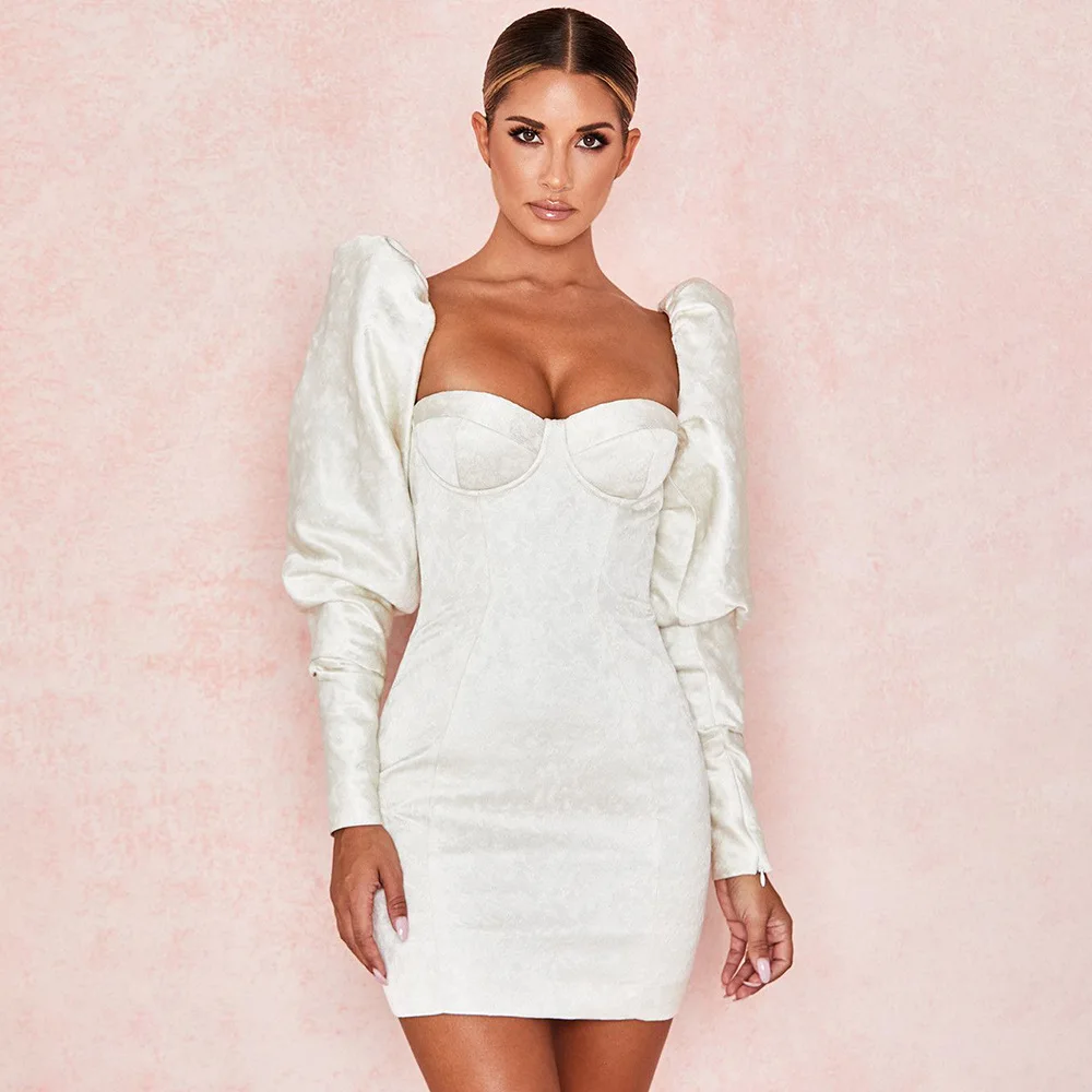 

2019 New Solid Color Jacquard Princess Sleeve Wrapped Chest Slim Temperament Dress vestido D10587