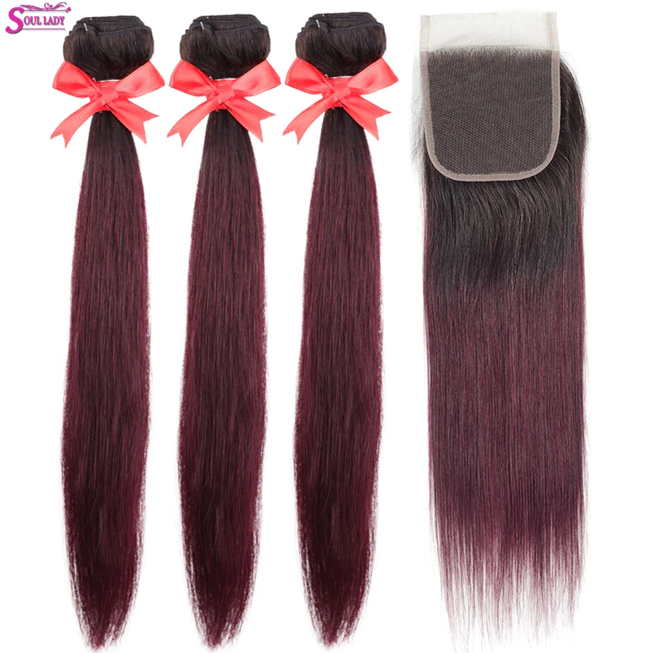 

Soul Lady Hair 1B 99J Ombre Bundles With Closure Colored Human Hair Remy Peruvian Ombre Straight Hair 3 Bundles With Closure
