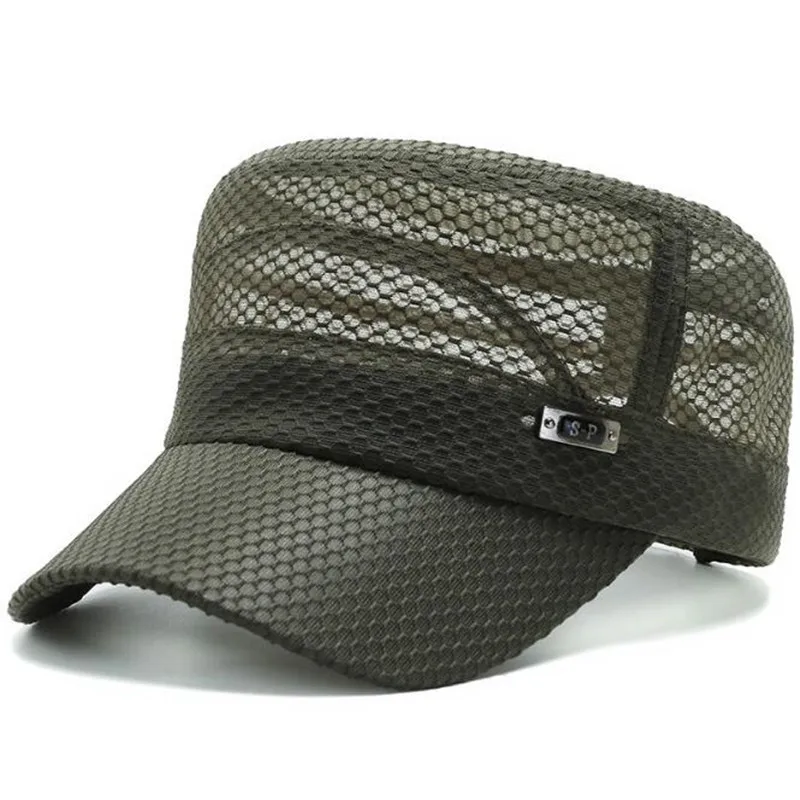 XdanqinX Summer Men's Mesh Flat Caps Hollow Breathable Military Hats For Men Adjustable Size Casual Sports Cap