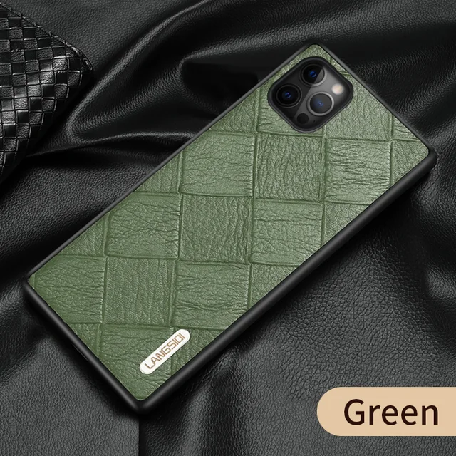 LANGSIDI Leather case For Iphone 12 pro max 11 Square embossing back cover For iphone 12 pro 12 max xr xs max 7 8 plus fundas green