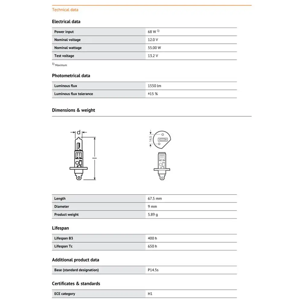 Ampoule H1 55W P14.5s 6V 500603 anti-brouillard BOSMA