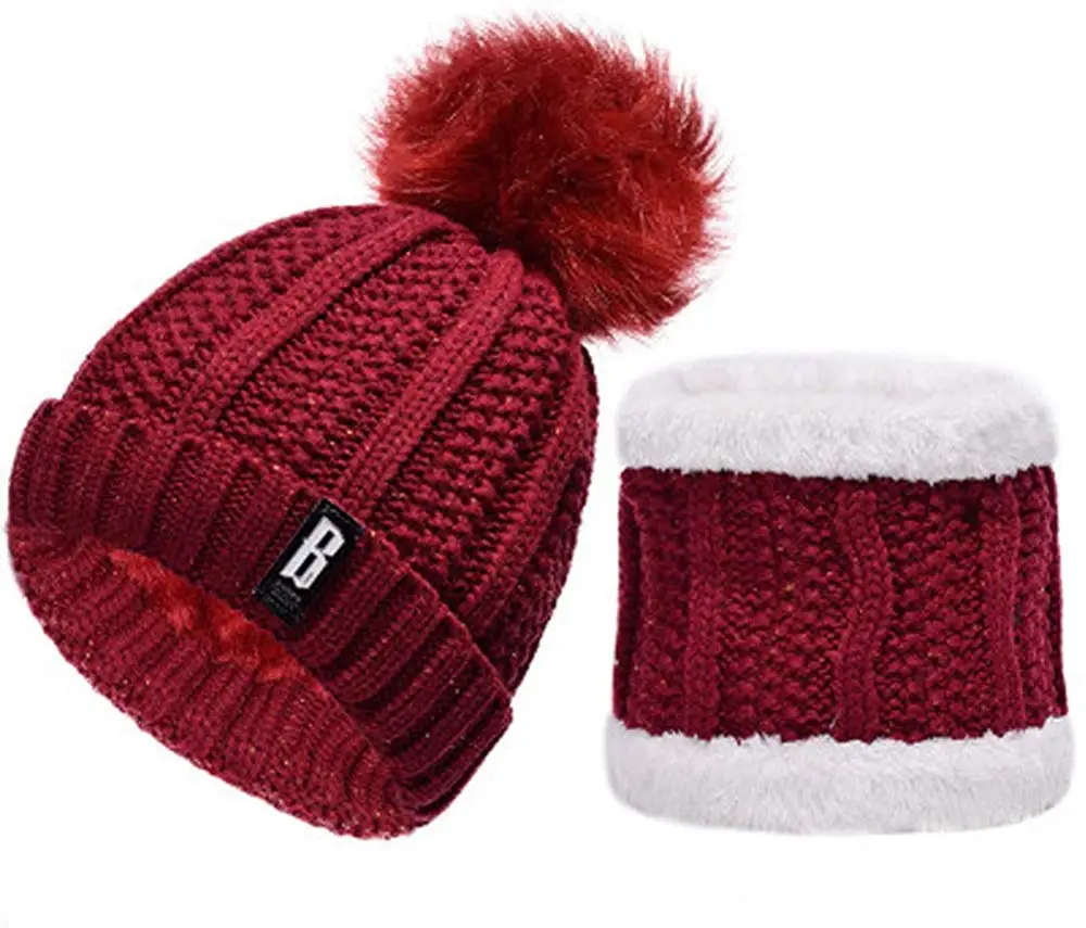 Комплект из 2 предметов, шапка бини, женская зимняя Толстая шапочка, шарф, набор для девочек, симпатичный помпон, теплая вязаная Лыжная шапка с флисовой подкладкой