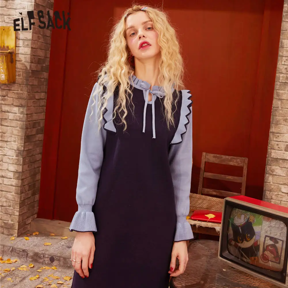 

ELFSACK Pink Solid Frill Bow Tie Knit Casual Dress Women 2020 Spring Vintage A Line Long Flare Sleeve Ladies Daily Dresses