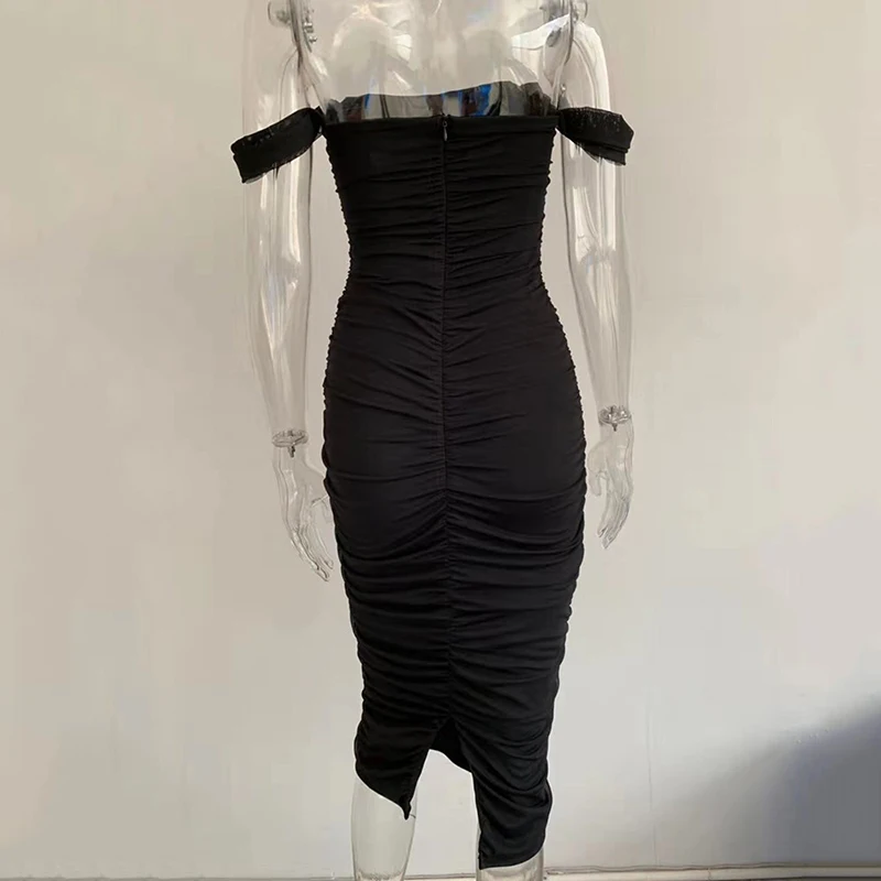Сетчатое платье без бретелек, без рукавов, сексуальное облегающее платье средней длины, женское ДРАПИРОВАННОЕ черно-белое плиссированное платье, Клубные вечерние платья, модель LX210