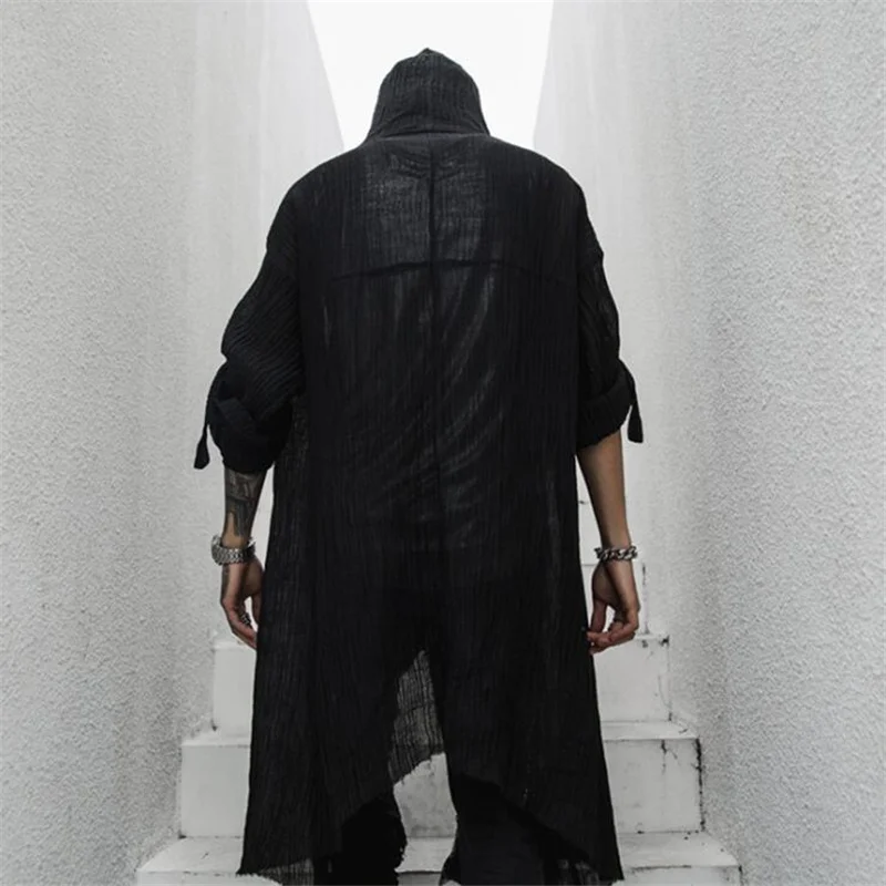 Spring summer men black thin cotton & linen punk hip hop long trench coat hooded cloak nightclub men gothic style vintage jacket