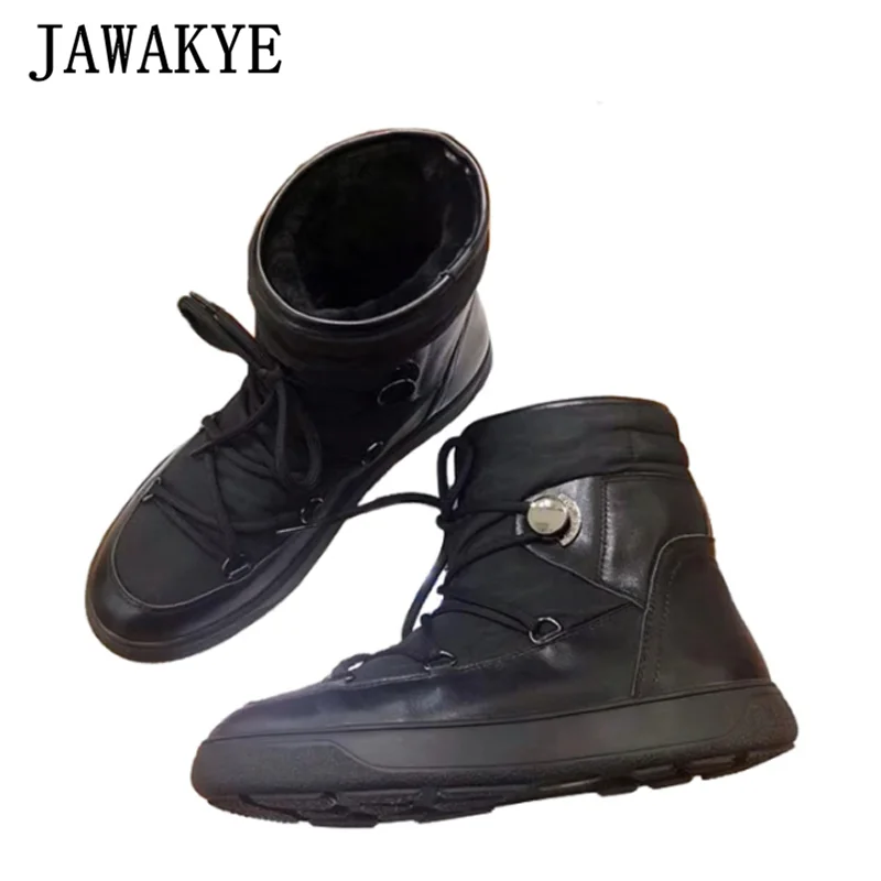 JAWAKYE/зимние сапоги Женская зимняя обувь Черная кожаная теплая на шнуровке