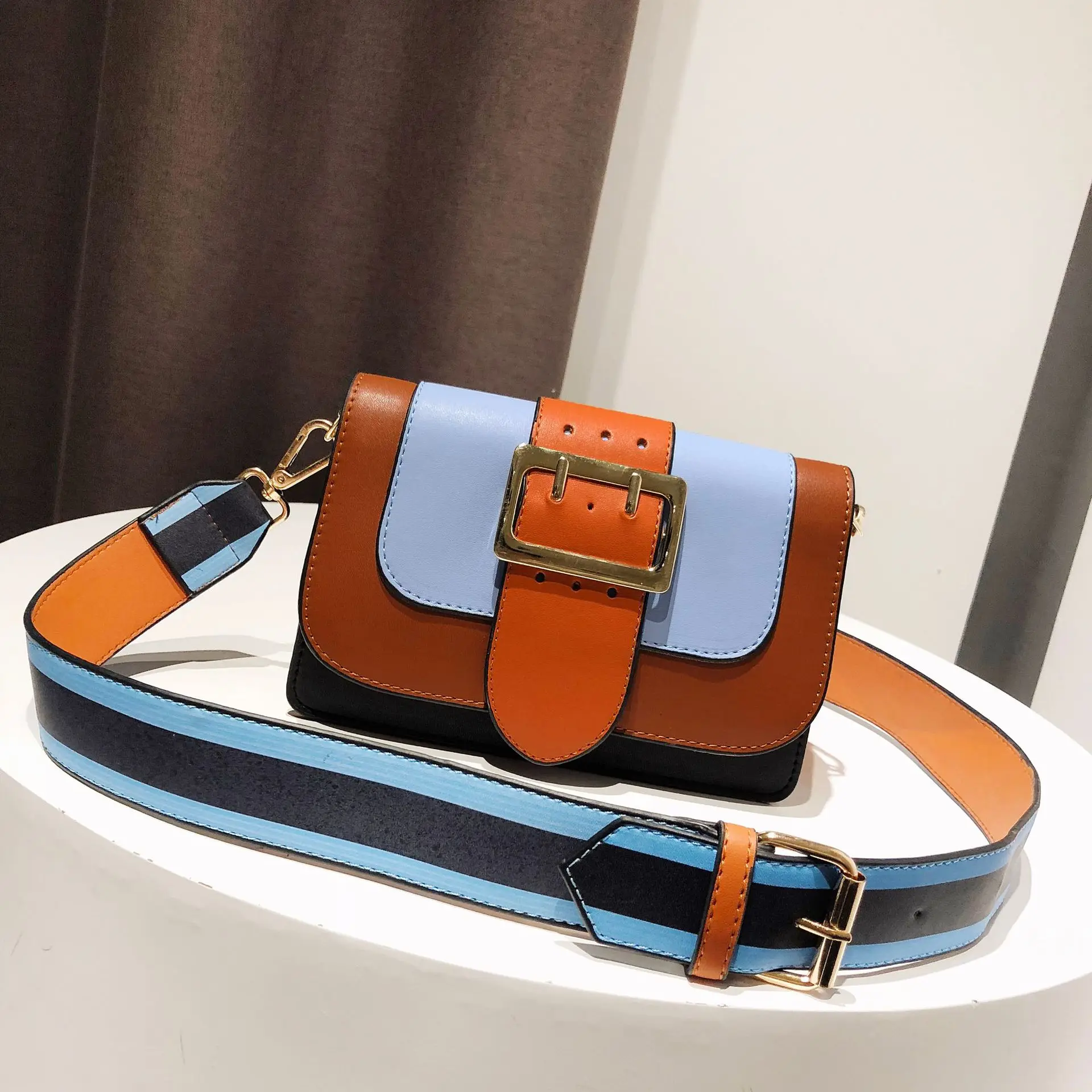 

2018 New Style Fashion Korean-style Contrast Color Square Sling Bag Wide Strap WOMEN'S Fashion Handbag