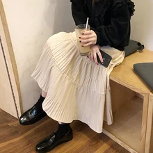 Элегантные длинные юбки с оборками, женская уличная одежда, зимние плиссированные юбки с высокой талией размера плюс, Корейская женская черная юбка, jupe femme