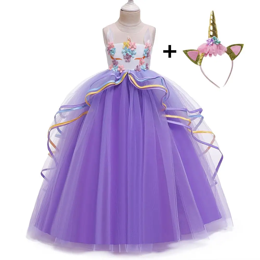 Платье для костюмированной вечеринки для девочек с изображением единорога и радуги элегантные вечерние длинные платья-пачки с цветочным кружевом для маленьких принцесс 5, 7, 8, 12, 14 лет - Цвет: Purple