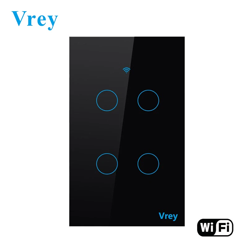 VRUS-WIFI-04 Black Vrey US сенсорный выключатель, приложение беспроводной дистанционный светильник Настенный умный переключатель, 4gy1way, Хрустальная стеклянная панель, работает с Alexa/Google Home - Цвет: VRUS-WIFI-04 Black