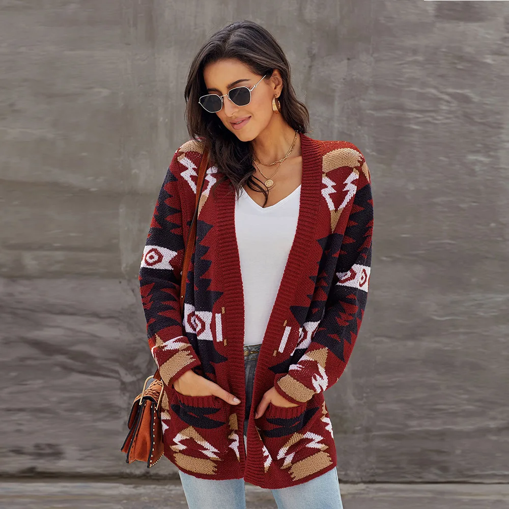 

Europe And America Large Size Autumn And Winter Sweater Women's Geometric Pattern Have Pocket Mid-length Knitted Cardigan WOMEN'