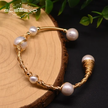 

GLSEEVO Handmade Natural Fresh Water Pearl Bangles For Women Wedding Party Birthday Luxury Fine Jewelry brazalete mujer GB0192