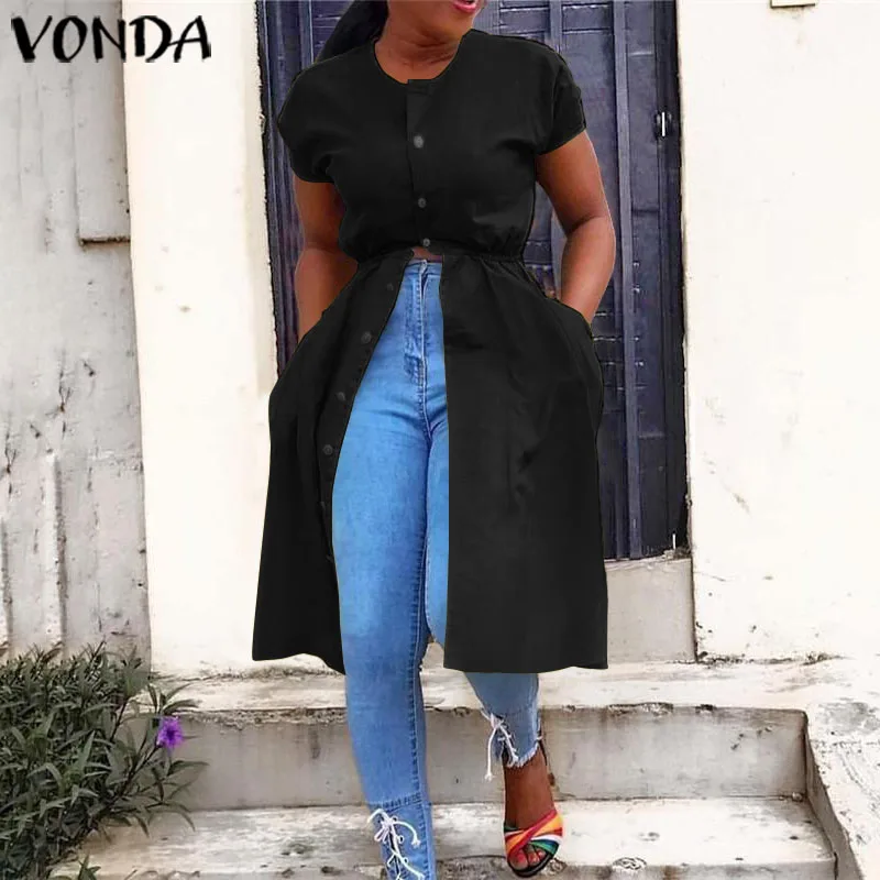VONDA, Женская Асимметричная блузка, лето, повседневные Сексуальные вечерние топы с разрезом, длинные женские офисные рубашки, туника размера плюс, блузы