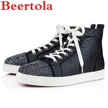 

Genuine Leather Casual Men's Shoes Snakeskin Pattern Rhinestones Head High Top Masculine Shoes Dark Blue Leisure Chaussures Male