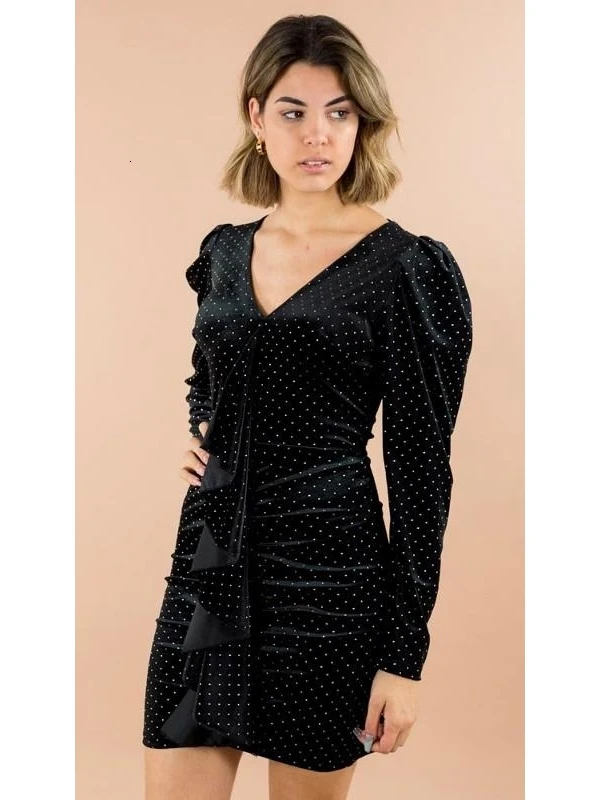 GREYMODA VESTIDO MUJER бархатное платье в горошек с оборками