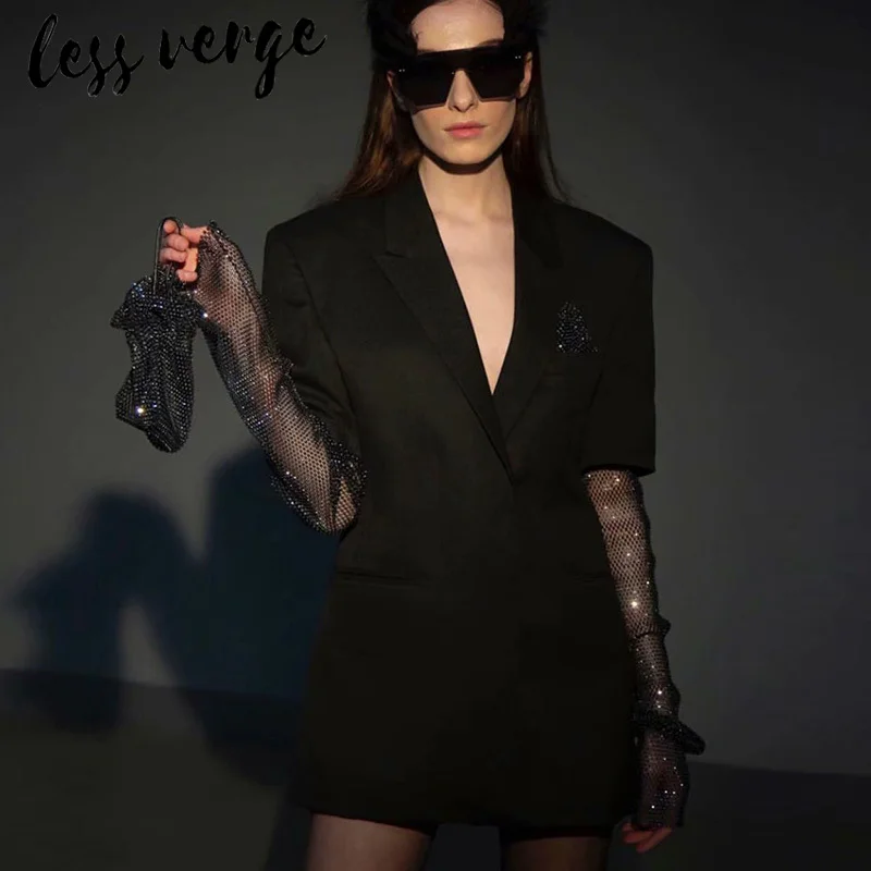 

Lessverge Luxury crystal mesh elegant black blazer Women shiny office ladies blazer Autumn winter glitter party jacket blazer