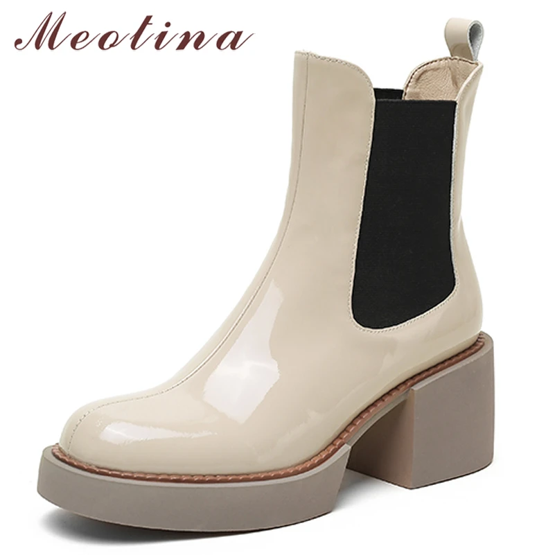 Meotina Botas Tobilleras de Charol Ovino y Tacón Grueso para Mujer, Botines con Plataforma Punta Redondeada, Color Albaricoque, Tallas 34 40, en Zapatos Otoño Invierno|Botas hasta el tobillo| -