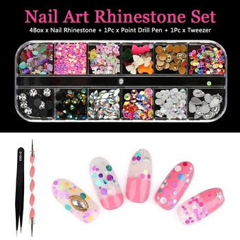 

Dotting Pen Flat Bottom Glitter Nail Art Rhinestone Set Tweezer Acrylic DIY 3D Decoration Home Salon Manicure Tool Pierced Studs