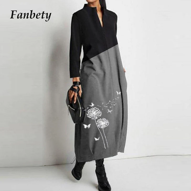 Elegant Dandelion Print A-Line Dress Women 2021 Spring Autumn Long Sleeve Party Dress Ladies 3XL Casual Loose Dresses Vestidos
