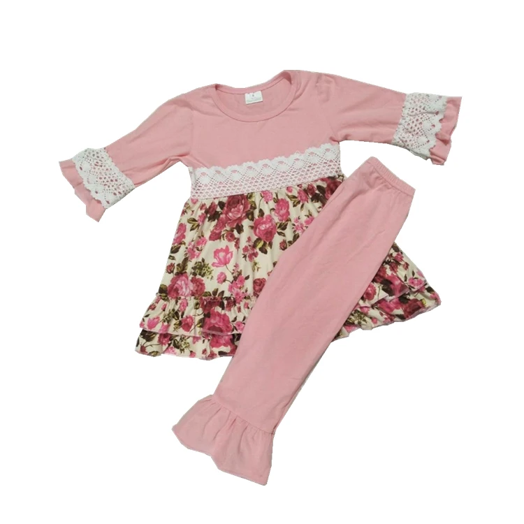 

Fall Autumn style floral 3/4 sleeve tunic+brown ruffles pants set with lace decoration