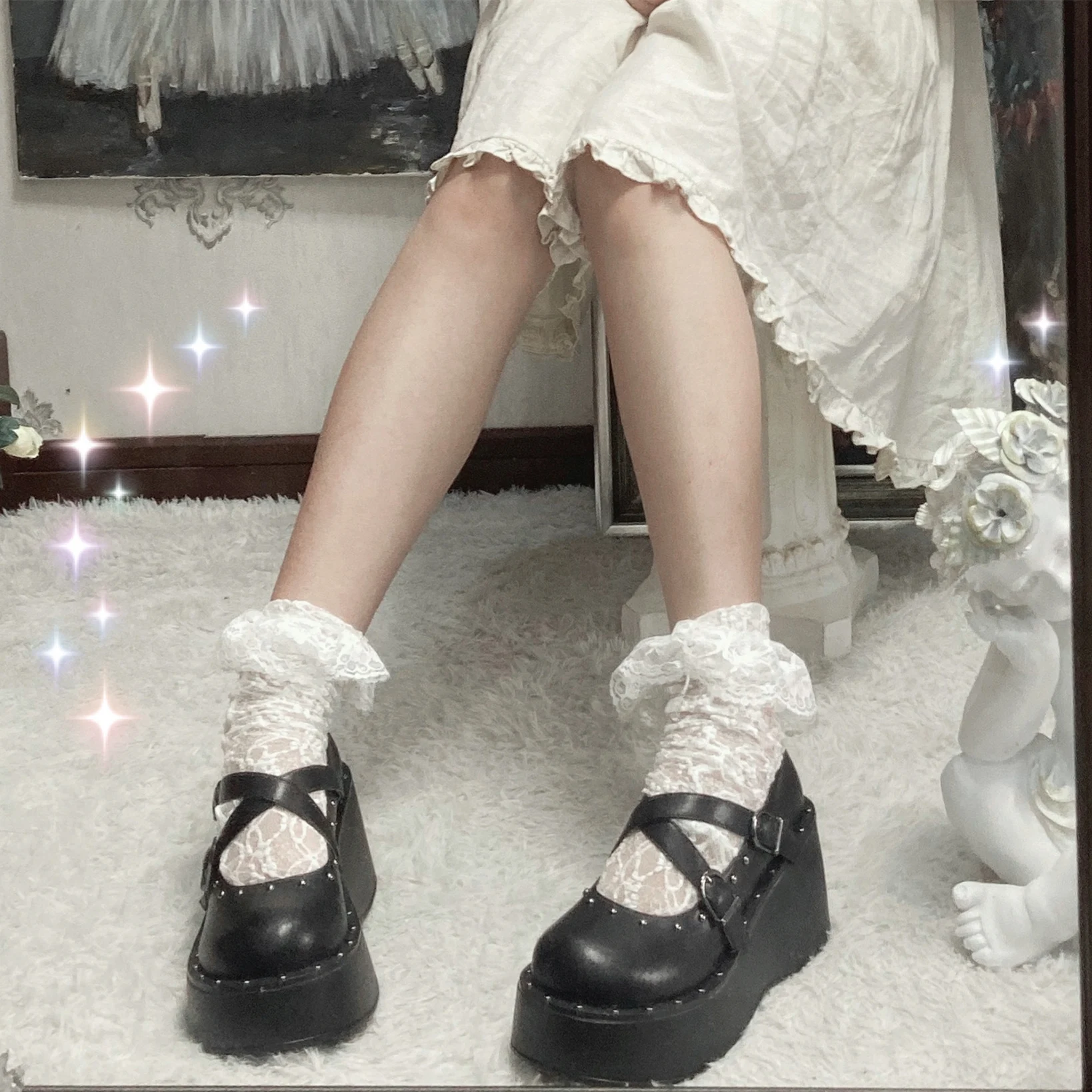 

Japan Harajuku Punk Lolita Rivet Crisscross Strap Platform Wedge Leather Shoes