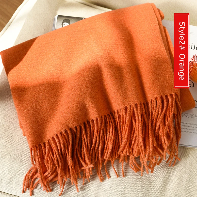 Style2 Orange Высокое качество кашемировые шарфы женские новые зимние плотные теплые мягкие пашмины Шали Обертывания Твердые женские шерстяные длинные шарфы с кисточками - Цвет: Style2 Orange