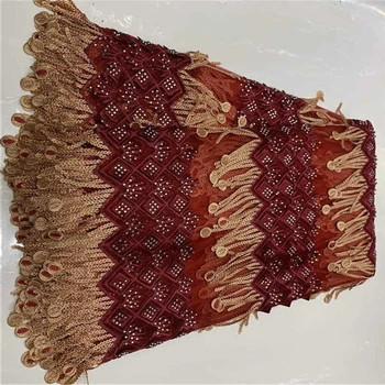

Wine Red French Net Lace Fabric 3D Flower And Rhinestones embroidered African Tulle Mesh Lace Fabric For Wedding Dress XN004