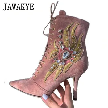 

New Pink nude suede embroidery Crystal ankle boots women point toe lace up rhinestone short boots High heels party shoes woman