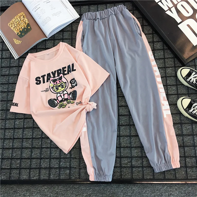 TiLeewon New Arrival Summer Two Piece Set Casual Women Sets Clothes Cartoon Tshirt + Long Trousers Students Sports Matching | Женская