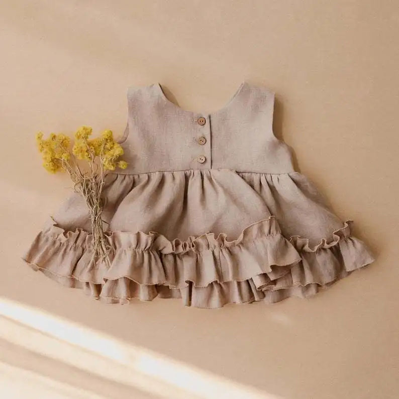One Set Baby Girls Dress Suits 0-2T Summer Cotton Linen Rayon Solid Color Vest Sleeveless Skirt Princess Style Ruffles Lace