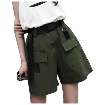 

Fashion Lady High Waist Casual Loose Pocket Short Overalls Add A Belt Summer Women's Pants 2020 Fitness Sports Pants #GM