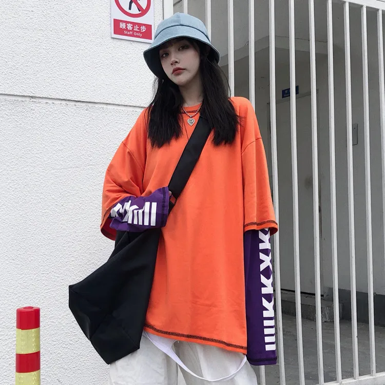 Woherb Harajuku поддельные 2 шт. футболки женские топы с принтом букв лоскутное Корейский Modis свободные весна осень леди футболка