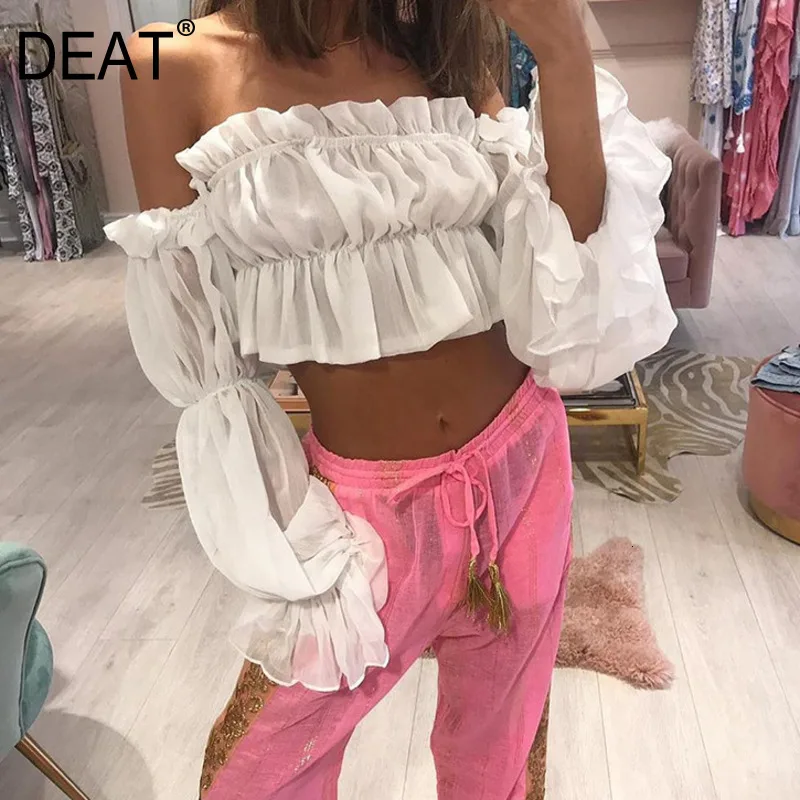 DEAT 2020 New Spring And Summer Slash Colllar Full Sleeves Backless Ruffles Pleated Shirt Female Blouse WK21800L | Женская одежда