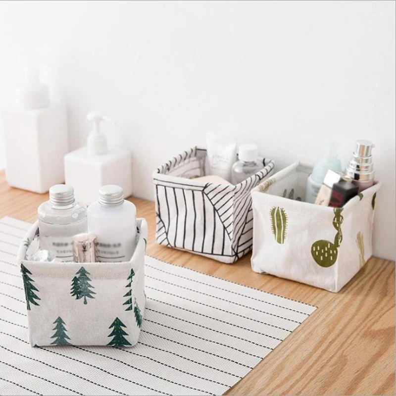 

Fabric Desktop Storage Basket Sundries Makeup Organizer Case High Quality Striped Plant Printed Storage Box Basket 2019 New