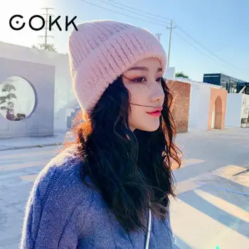 

COKK New Women's Hat Winter Beanie Knitted Hat Autumn Winter Fashion Imitation Mink Fur Thick Warm Soft Beanies Women Hat Gorras