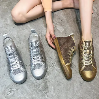 

Womens Round Toe Sequins Bling Sneakers Lace Up Flats High&Low Top Shoes Gold Sliver Casual Designer New
