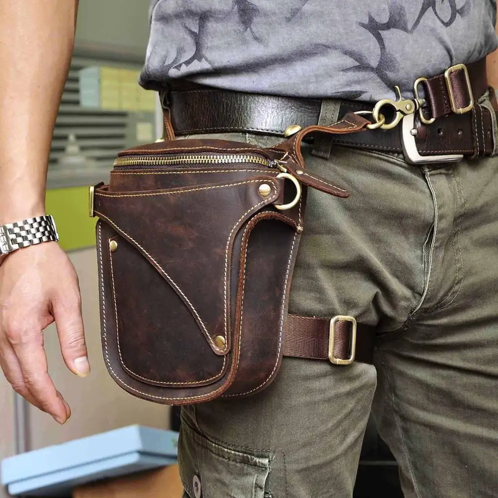 Unisex Fashion Crazy Horse Leather 7" Motorcycle Riding Drop Leg Bag Travel Fanny Belt Waist Pack Case 9326-d waist pack