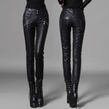 

Pencil pants PU slim thickening women's trousers casual cotton-padded leather female pants