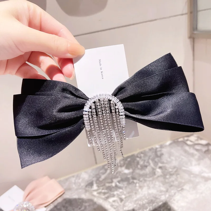 Korean Black Large Bow Snap Hair Clip for Girls Women Hairpins Rhinestone Chain Tassel Hairgrip Luxury Jewelry Hair Accessories