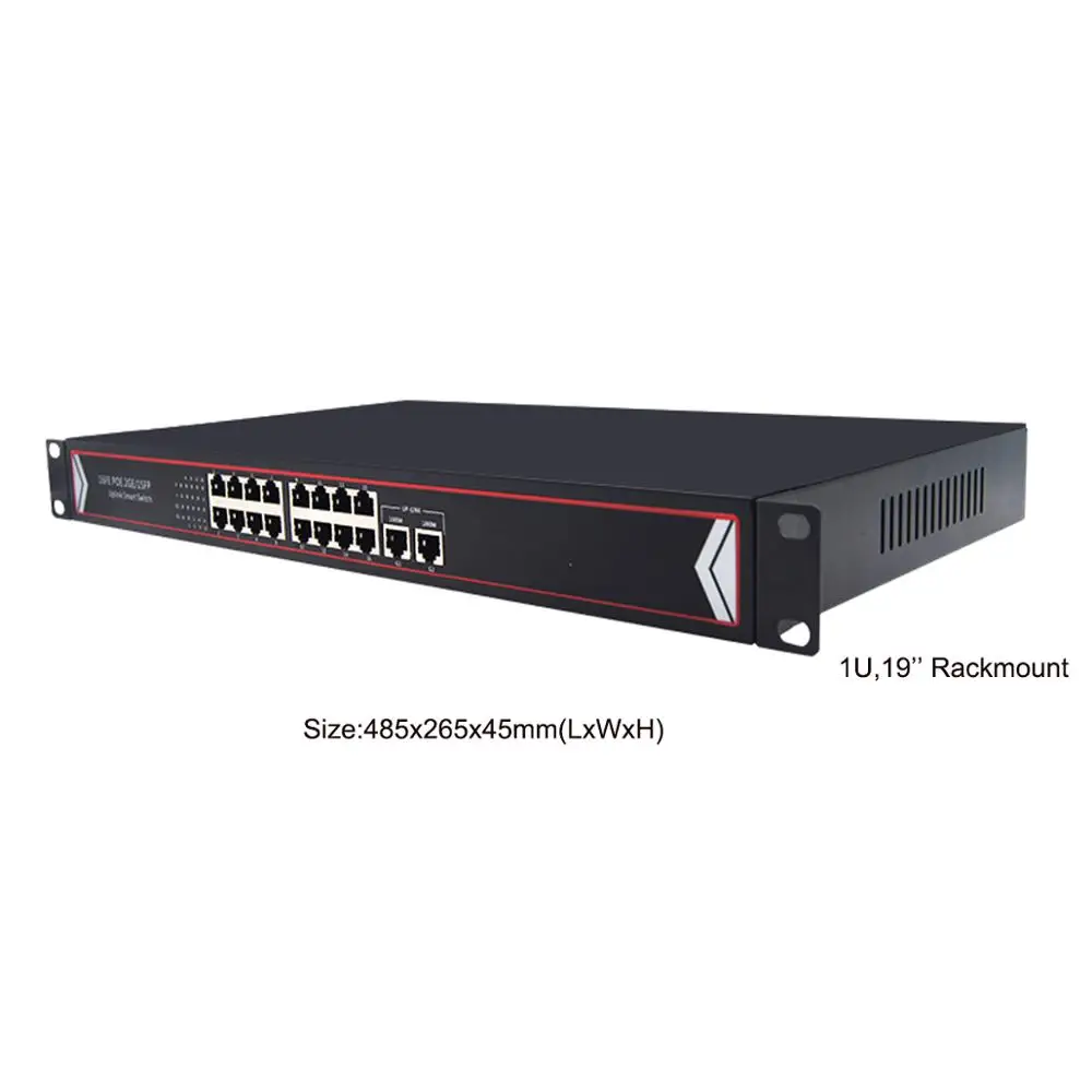 16 портовый коммутатор PoE неуправляемый переключатель питания по Ethernet 2 гигбит Uplink 400 Вт 802.3af для сетевой ip-камеры 1U 19 ''Rackmount
