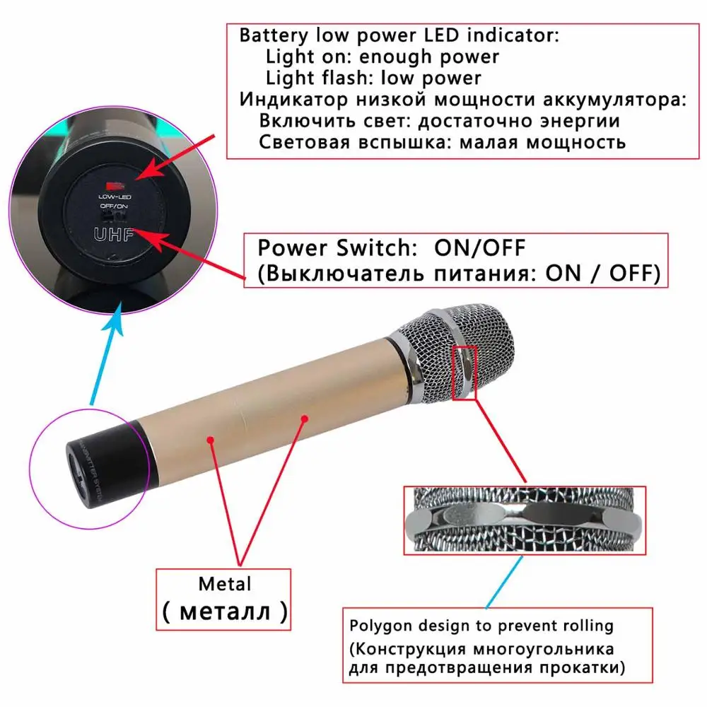 Freeboss FB-U10-G UHF беспроводной микрофон Система двойной беспроводной ручной микрофон 2 канала в золотом цвете
