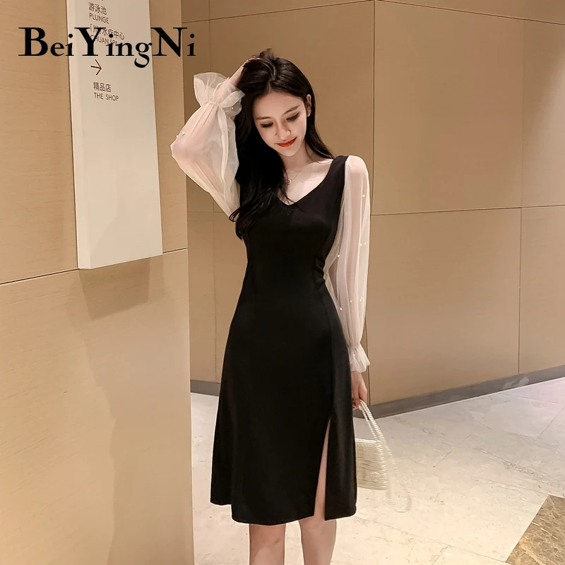 

Beiyingni Mesh Patchwork Black Dress Women Long Sleeve OL Plus Size Chic Bodycon Dress Sexy Split French Elegant Party Vestidos