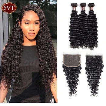 

SVT Hair Malaysian Deep Wave Bundles With Closure 4x4 Lace Closure With Bundles Non-Remy Human Hair 3 Bundle With Closure