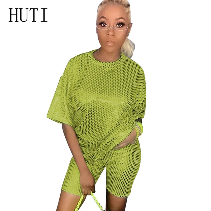 

HUTI Gold Slim-fit Gilded Casual Short Sleeve Two Pieces Sets O-neck Top + Slim Pants Femme Elegant Hollow Out Party Jumpsuits