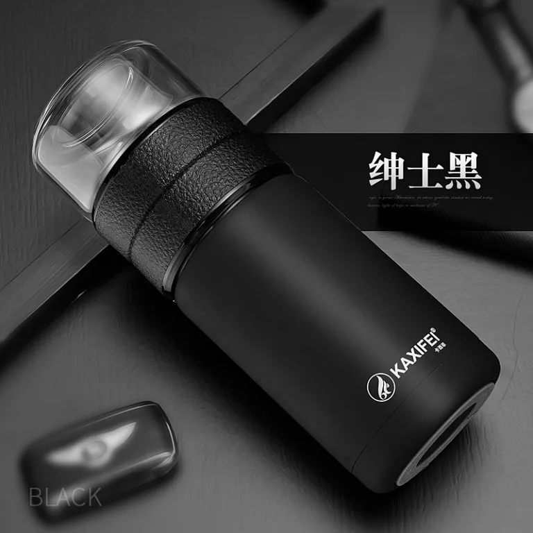 Стеклянная бутылка для заварки чая из нержавеющей стали стеклянная вакуумная колба для заварки чая бутылка герметичная термос чашка бутылка для чая с фильтром - Цвет: Black-600ml