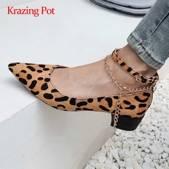 

Krazing Pot korean girls horsehair leopard chains high street fashion pointed toe thick med heel buckle strap dating pumps L6f1