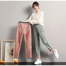 Винтажные плотные женские джинсы, зимние прямые джинсовые штаны для девушек, вельветовые Теплые штаны-шаровары, женские брюки с высокой талией и морковкой, M237