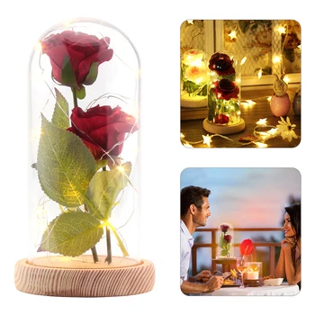 

LED Enchanted Rose Light Silked Artificial Eternal Rose Flower In Glass Dome Lamp Decors Light Christmas Valentine Romantic Gift