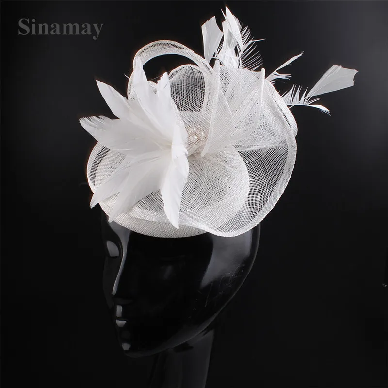 

White Sinamay Fascinator Hat Feather Flower Fedora Cap Women Wedding Hair Accessories Ladies Party Cocktail Millinery Headbands